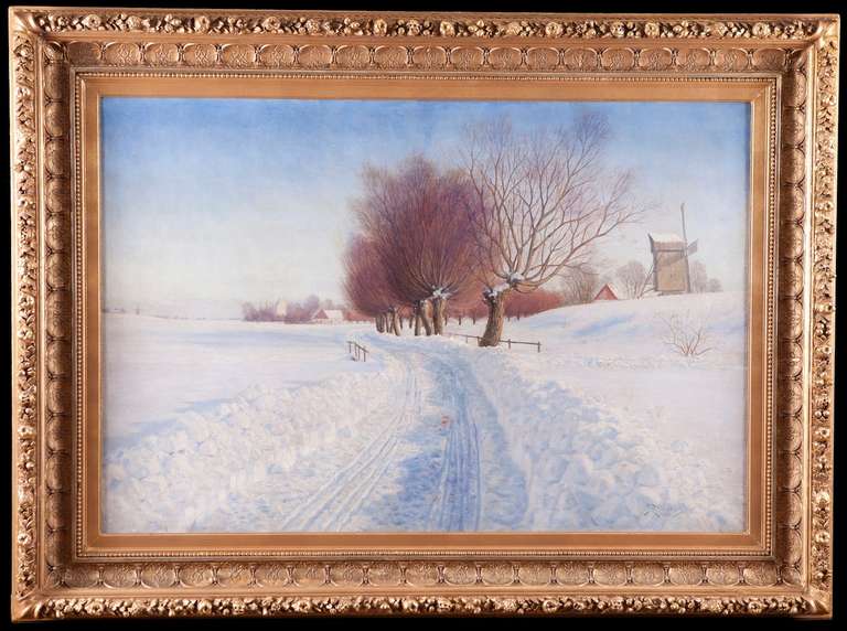 Large Oil on Canvas Winter Landscape by Peter Adolf Persson in Gilded Wood Frame For Sale 2