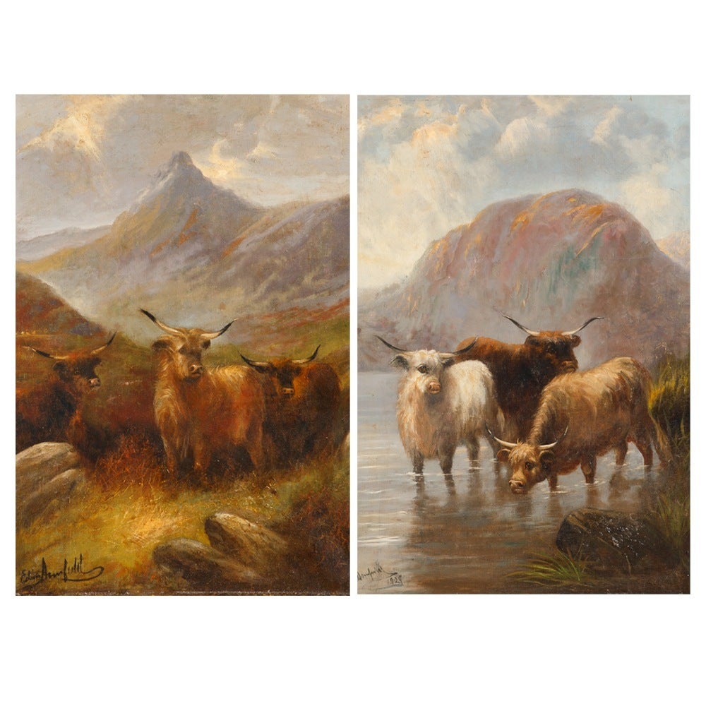 Pair of "Oxen in the Highlands" Oil on Canvas, Signed Edwin Armfield