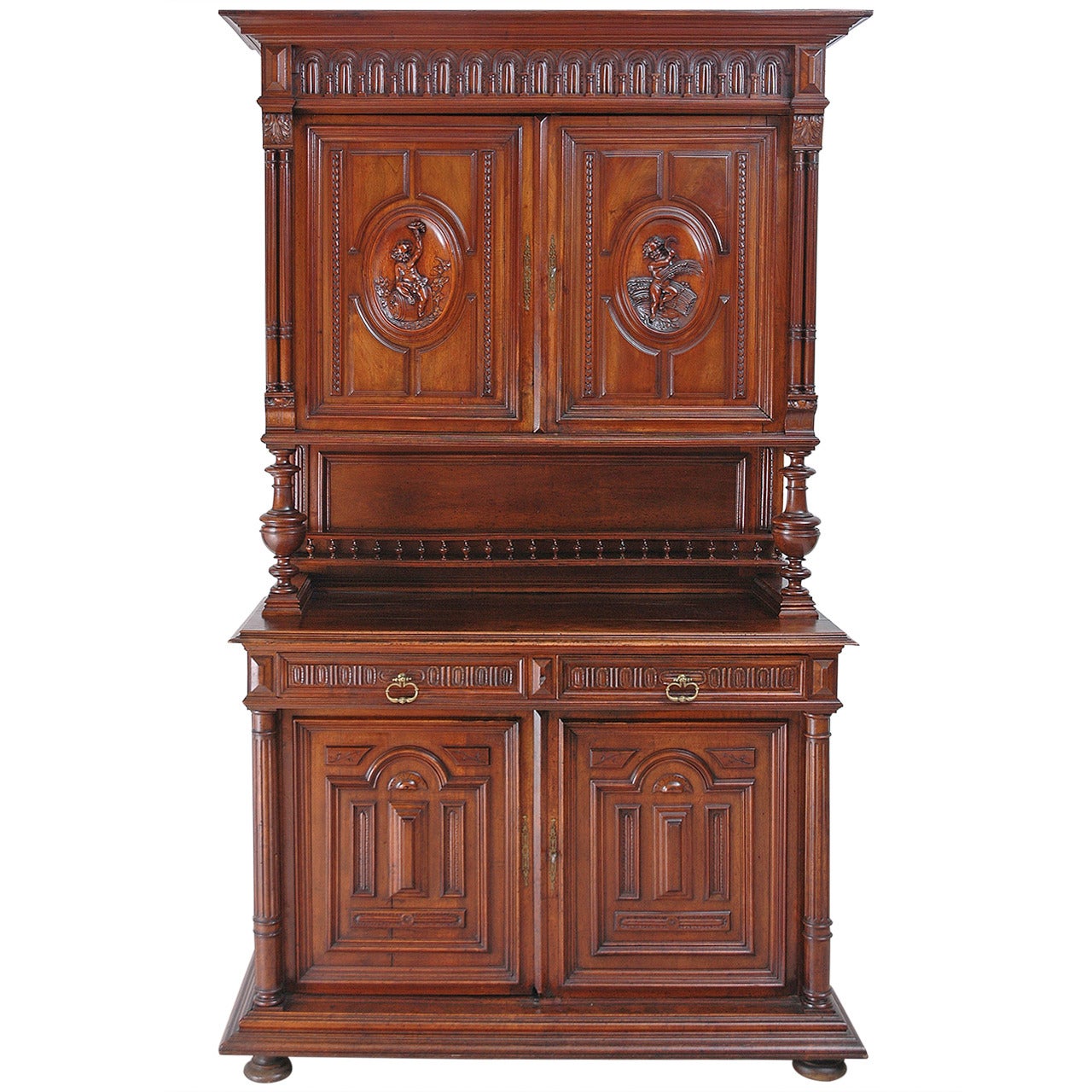 French Renaissance Style Buffet a Deux Corps in Carved Walnut, circa 1880 For Sale