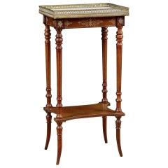 Antique Small Napoleon III Parlor Table w/ Brass Gallery, Inlays & White Marble, c. 1870