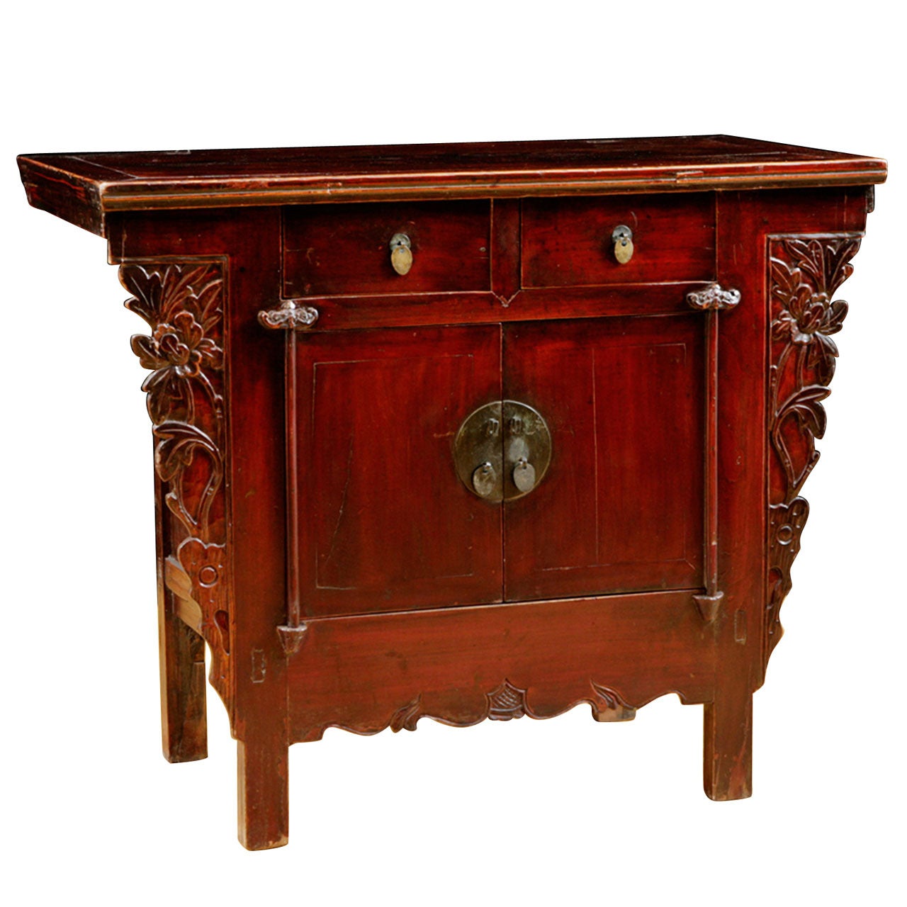 Chinese Qing Cinnabar Red Cabinet with Carved Peonies, circa 1800 For Sale