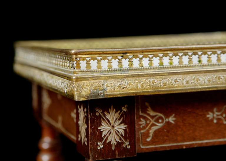 French Small Napoleon III Parlor Table w/ Brass Gallery, Inlays & White Marble, c. 1870