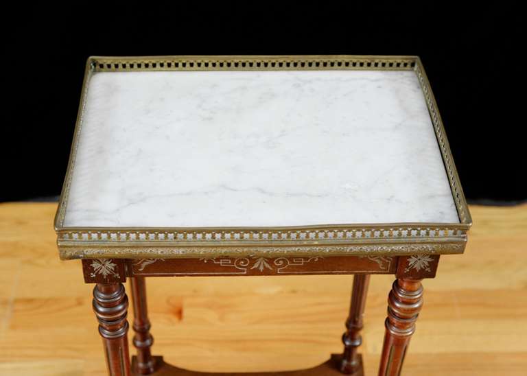 Polished Small Napoleon III Parlor Table w/ Brass Gallery, Inlays & White Marble, c. 1870