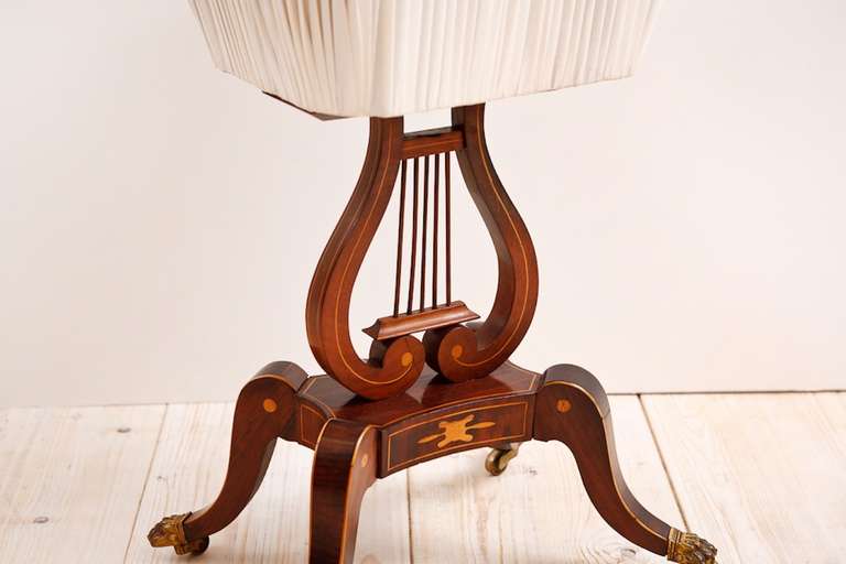 19th Century English Regency Lyre Base Sewing Table with Basket, circa 1820