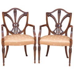 19th Century Pair of Shield-Back Armchairs with Carved Prince of Wales Feathers