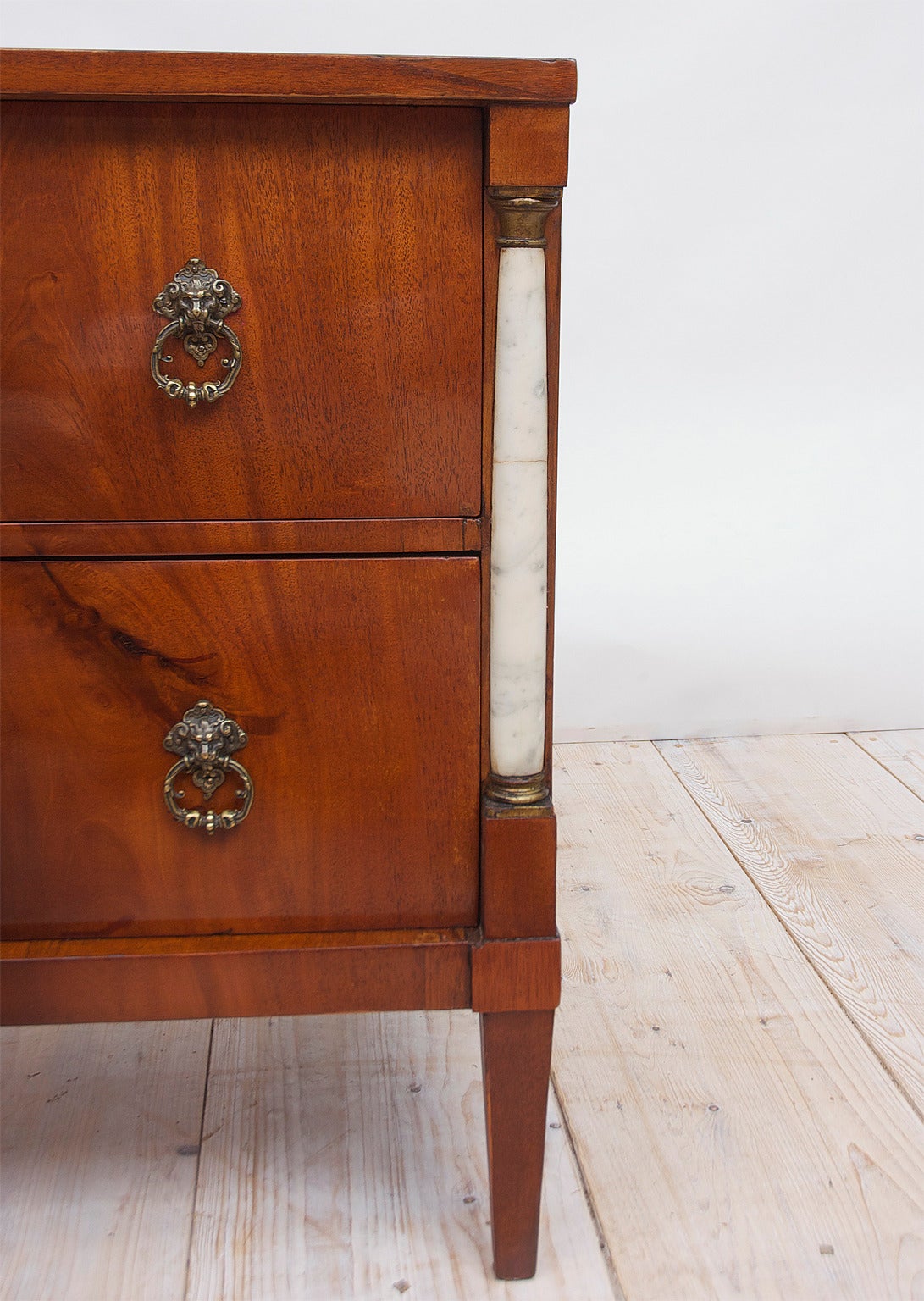 Polished Small Empire Chest of Drawers in Mahogany with Marble Columns, Sweden, c. 1790 For Sale