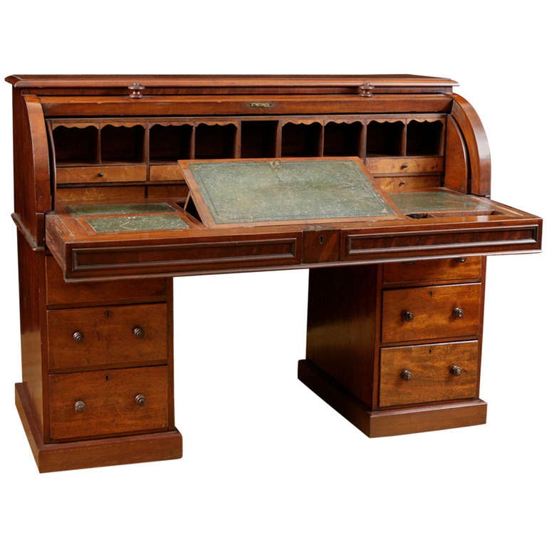 English Pedestal Desk in Mahogany with Cylinder Top. c. 1850