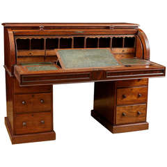 Antique English Pedestal Desk in Mahogany with Cylinder Top. c. 1850