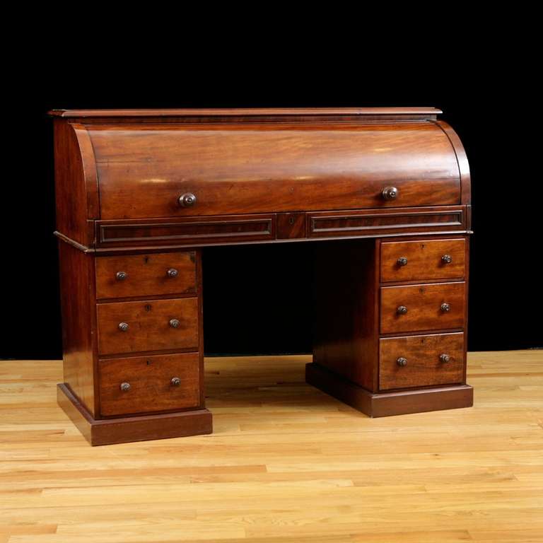 Victorian English Pedestal Desk in Mahogany with Cylinder Top. c. 1850