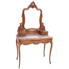 Antique Louis XV Style Belle Époque Dressing Table in Walnut Parquetry with Marble