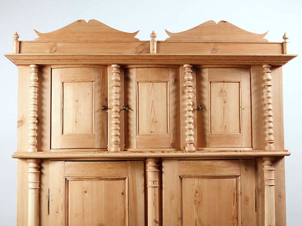 Country Rare Five-Door Danish Armoire in Pine with Bowed-Paneled Doors, circa 1835