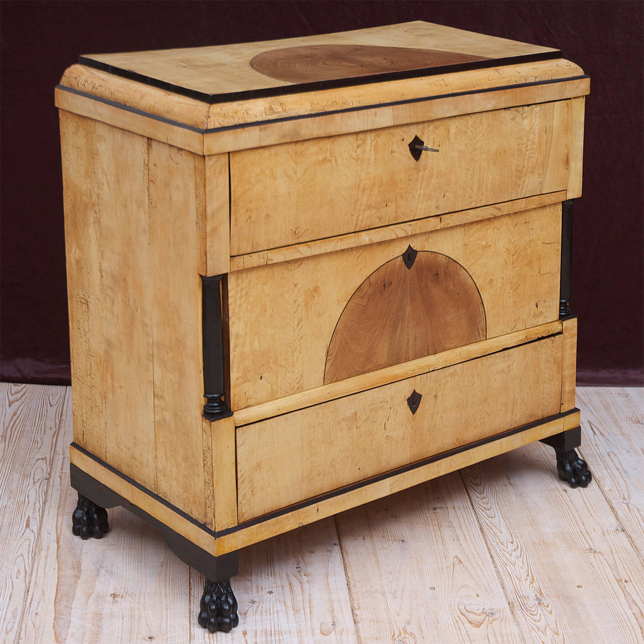 Empire or Biedermeier Chest with Secretary in Birch with Ebonized Details