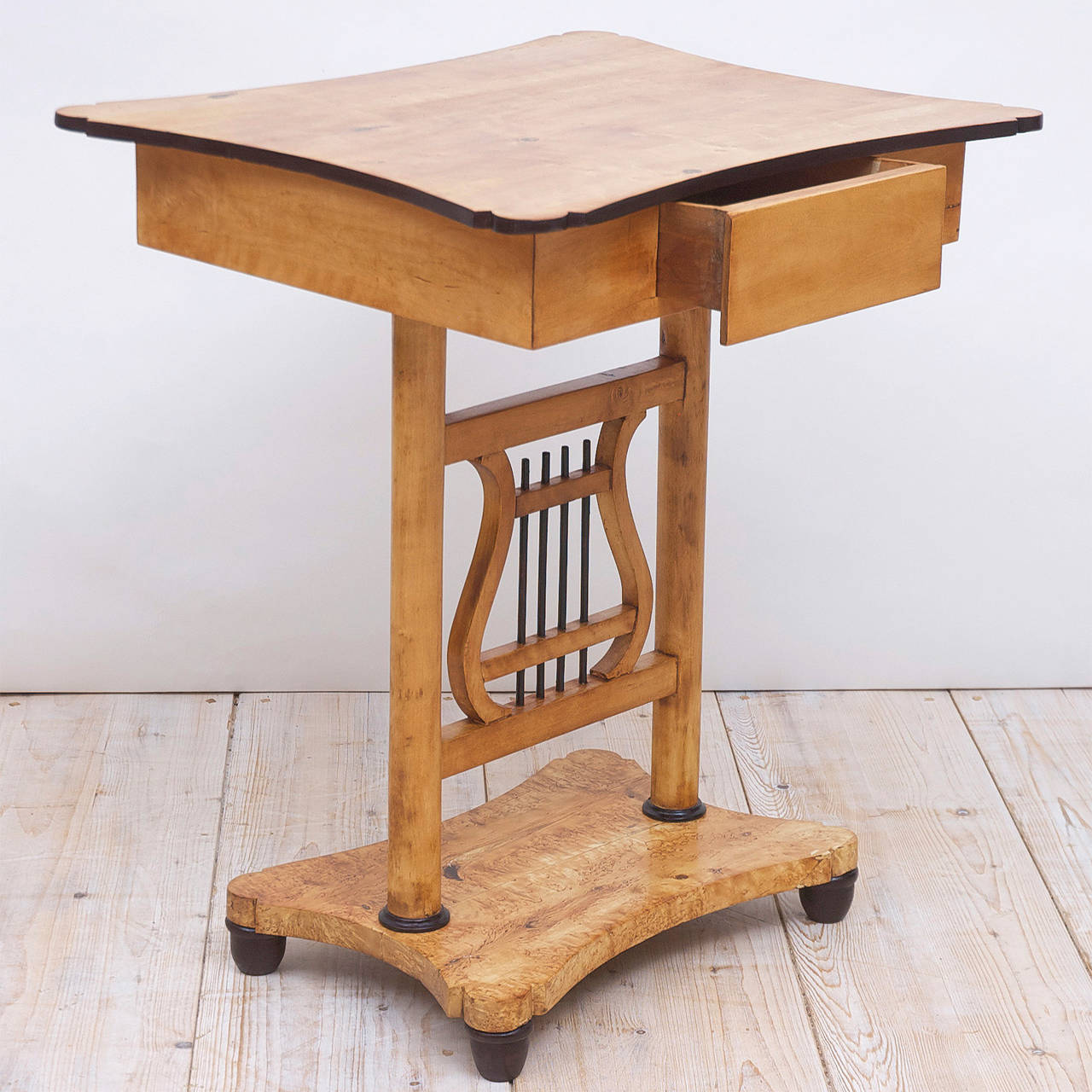 Early 19th Century Scandinavian Biedermeier Birch Table with Lyre Pedestal and One Drawer, c. 1820