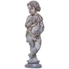 Antique Cast Lead Garden Statue of Child Holding Grapes Representing "Summer"