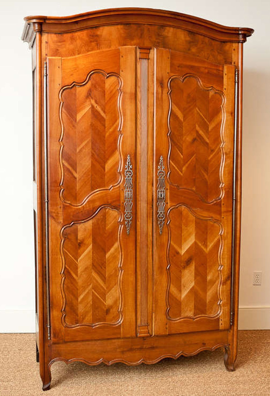 Antique French Louis XV Style Armoire in Cherrywood w Chevron or 