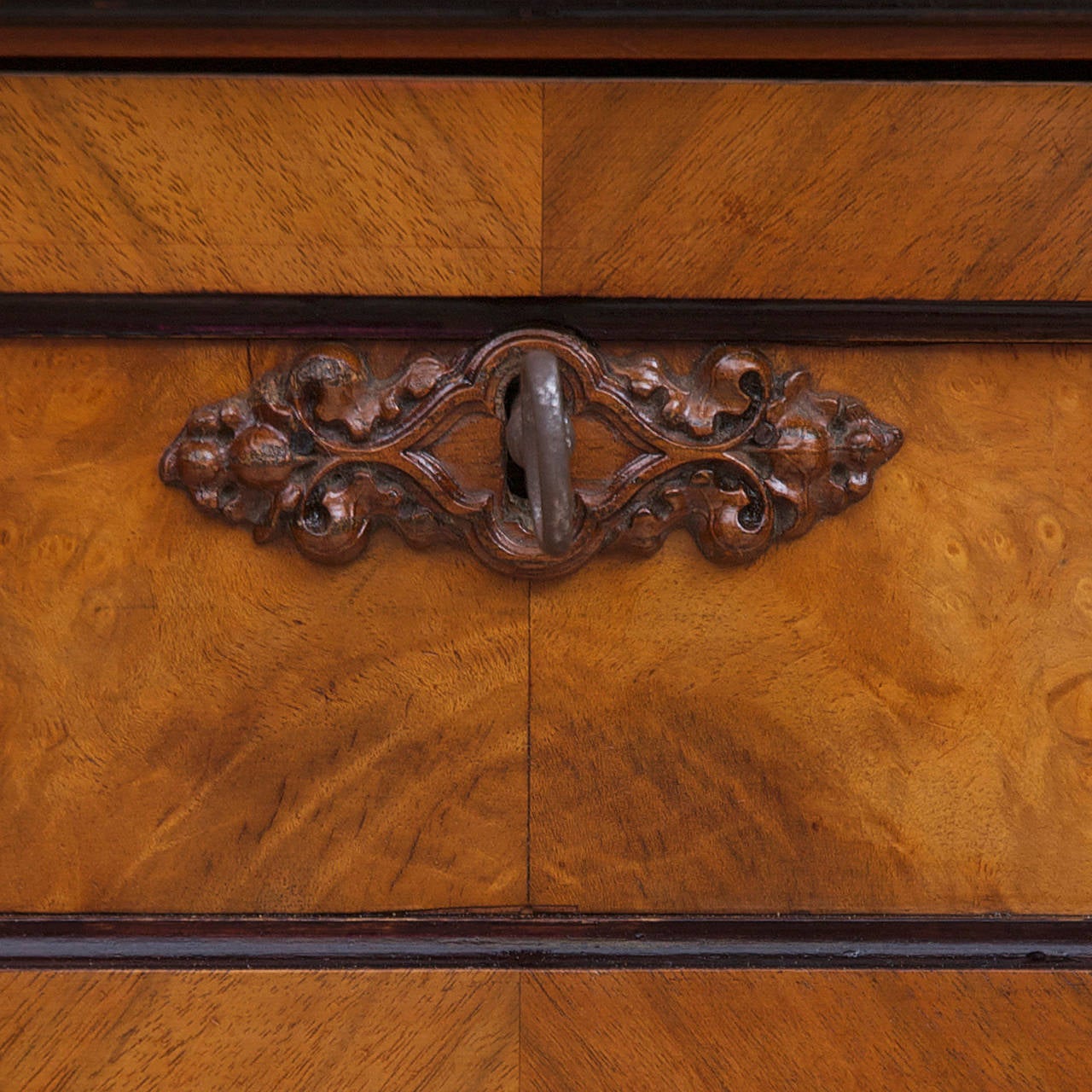 Scandinavian Tall Chest of Drawers in Figured Walnut with Original Hardware In Good Condition In Miami, FL