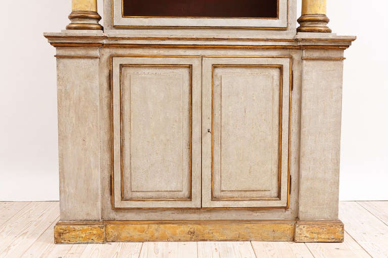 Carved 19th Century Italian Neoclassical Painted Display Cabinet w/ Faux Marble Columns