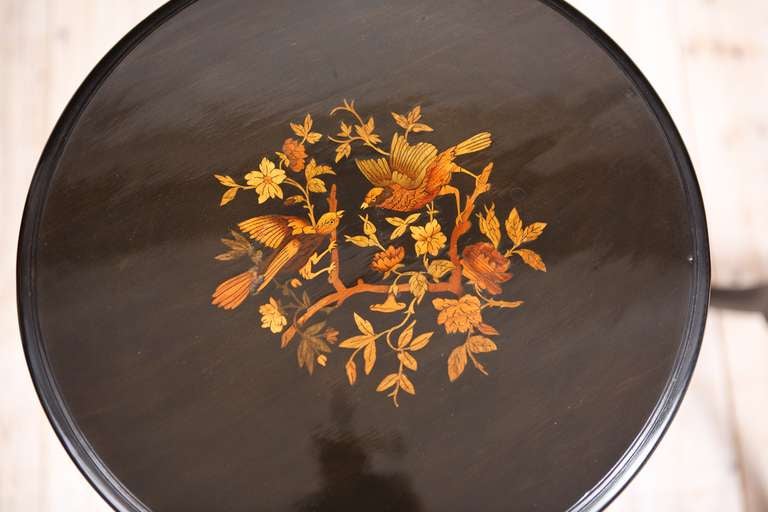 19th Century Pair of Small Round French Napoleon III Ebonized Side Tables w Marquetry, c 1870