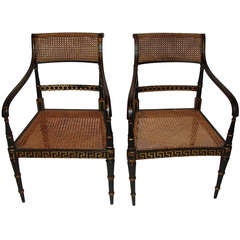 Pair of Regency Painted Black and Gilt Armchairs