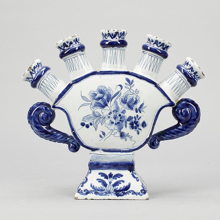 Dutch Delft type faience tulip vase with figures and gazebo featuring five decorated cylindrical tulip 