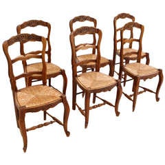 Antique Set of 6 (six) French Provincial Dining Chairs in Walnut with Rush Seats, c.1880