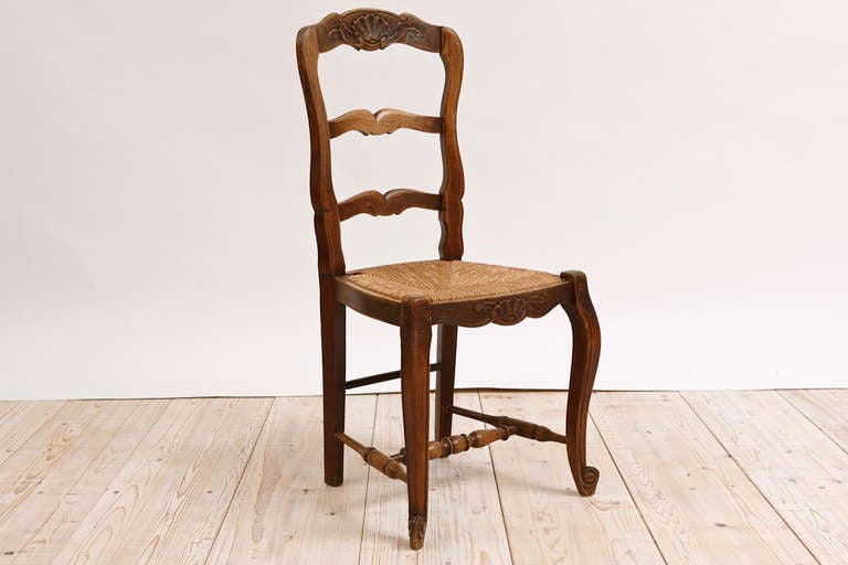 Set of 6 French Provincial Dining Chairs in Walnut with Rush Seats, c. 1880