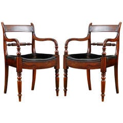 Antique Pair of English Sheraton Mahogany Arm Chairs with Leather Box Cushions, c. 1800