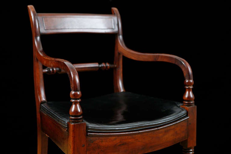 Patinated Pair of English Sheraton Mahogany Arm Chairs with Leather Box Cushions, c. 1800