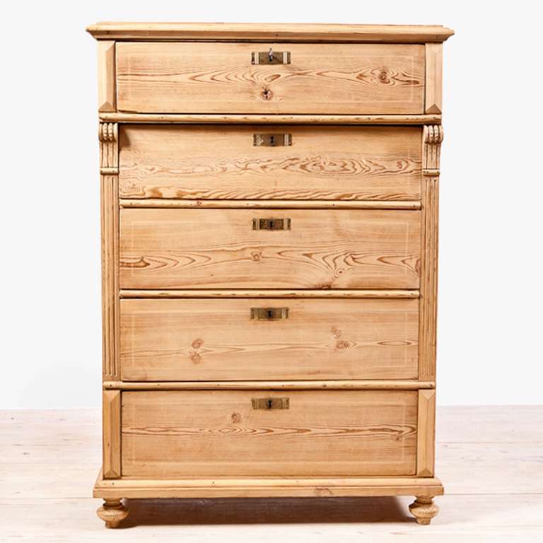 Country Swedish Five-Drawer Tall Chest in Pine, circa 1880