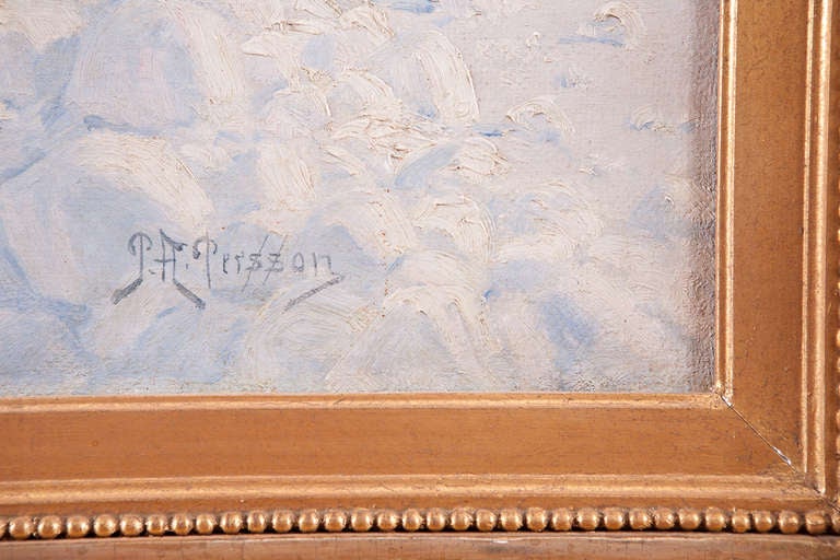 XIXe siècle Grande huile sur toile d'un paysage d'hiver de Peter Adolf Persson dans un cadre en bois doré en vente
