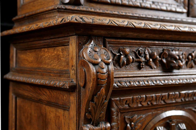 Belgian Well-Carved Flemish Buffet a Deux Corps in Oak
