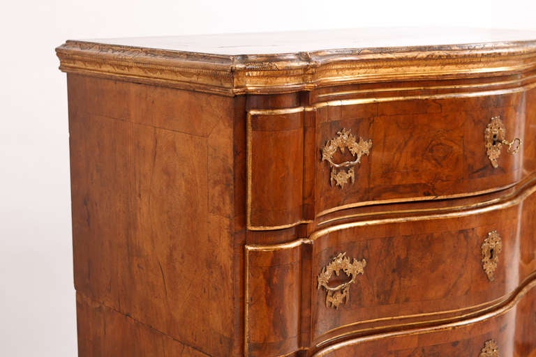 A magnificent Baroque commode with serpentine front in burled walnut with embossed gilding. Chest is raised on a carved plinth that rests on cabriole feet, and features four drawers with original fire-gilded pulls and key plates, and one working