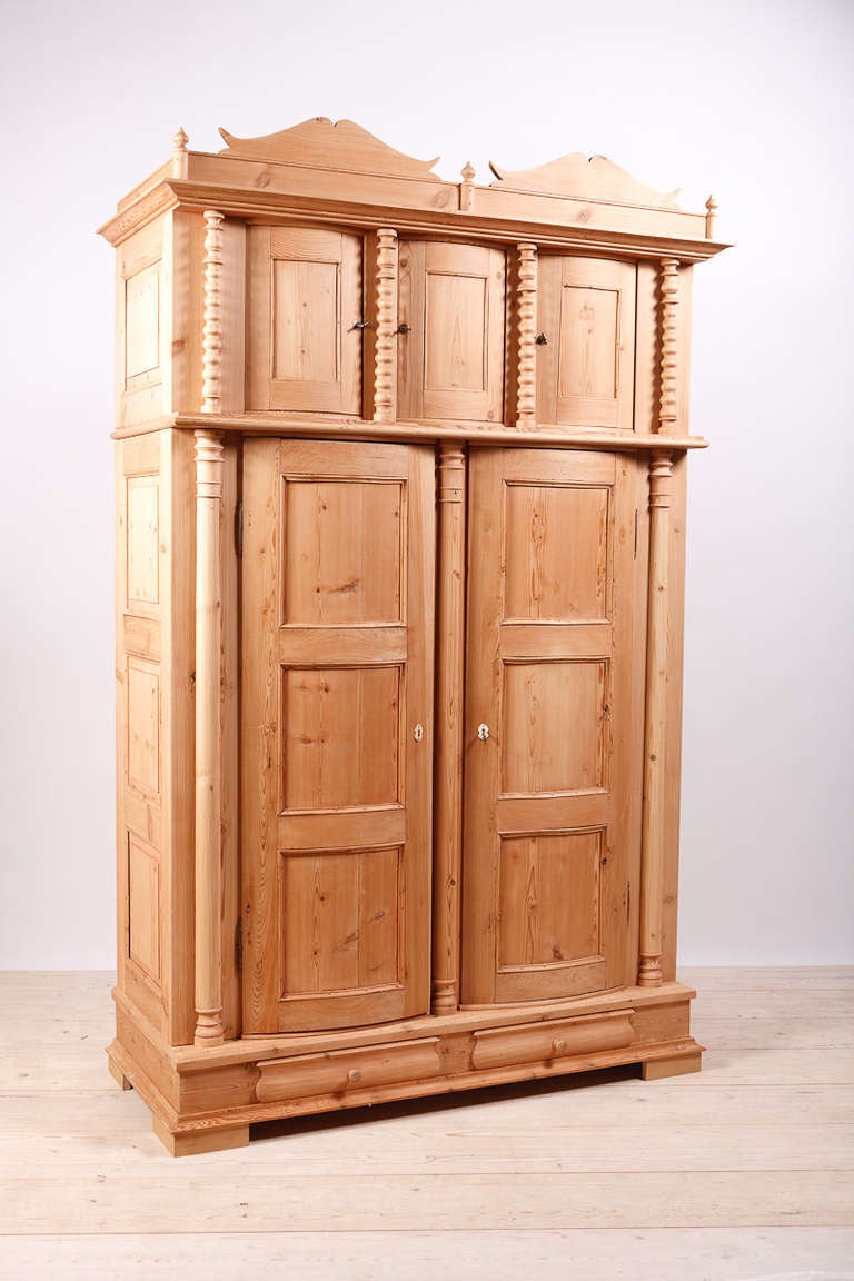 19th Century Rare Five-Door Danish Armoire in Pine with Bowed-Paneled Doors, circa 1835