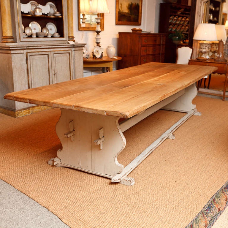 11' Swedish Gustavian-Style Oak Farmhouse Table w/ Painted Trestle Base, c 1850