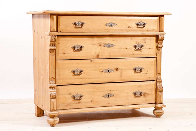 German Gründerzeit 4 drawer Chest of Drawers in Pine with Original Nickle Plated Hardware and Feet, c.1890. Great example of German Gründerzeit Chest. Everything on this cabinet is original. and in perfect working order. Can be painted upon request