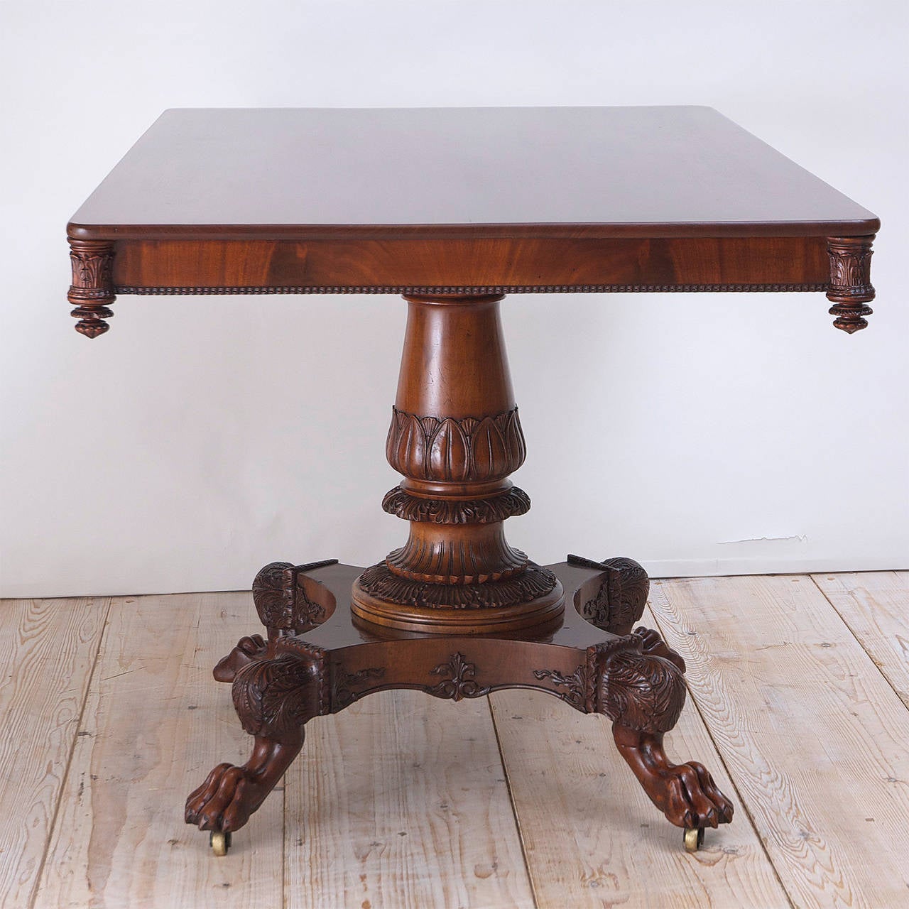 Early 19th Century Empire Dining/ Tea Table in West Indies Mahogany with Carved Pedestal Base, 1825