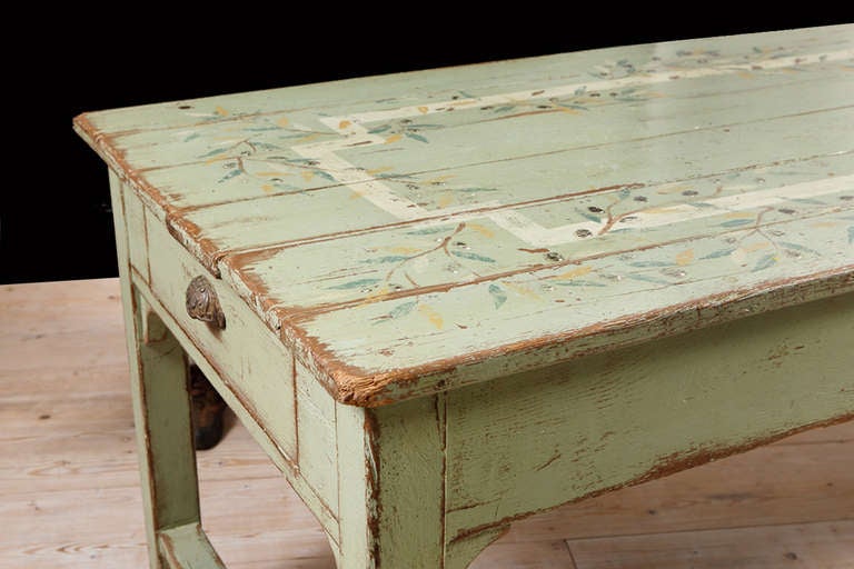 American painted farmhouse plank top dining table, c. 1900.  34