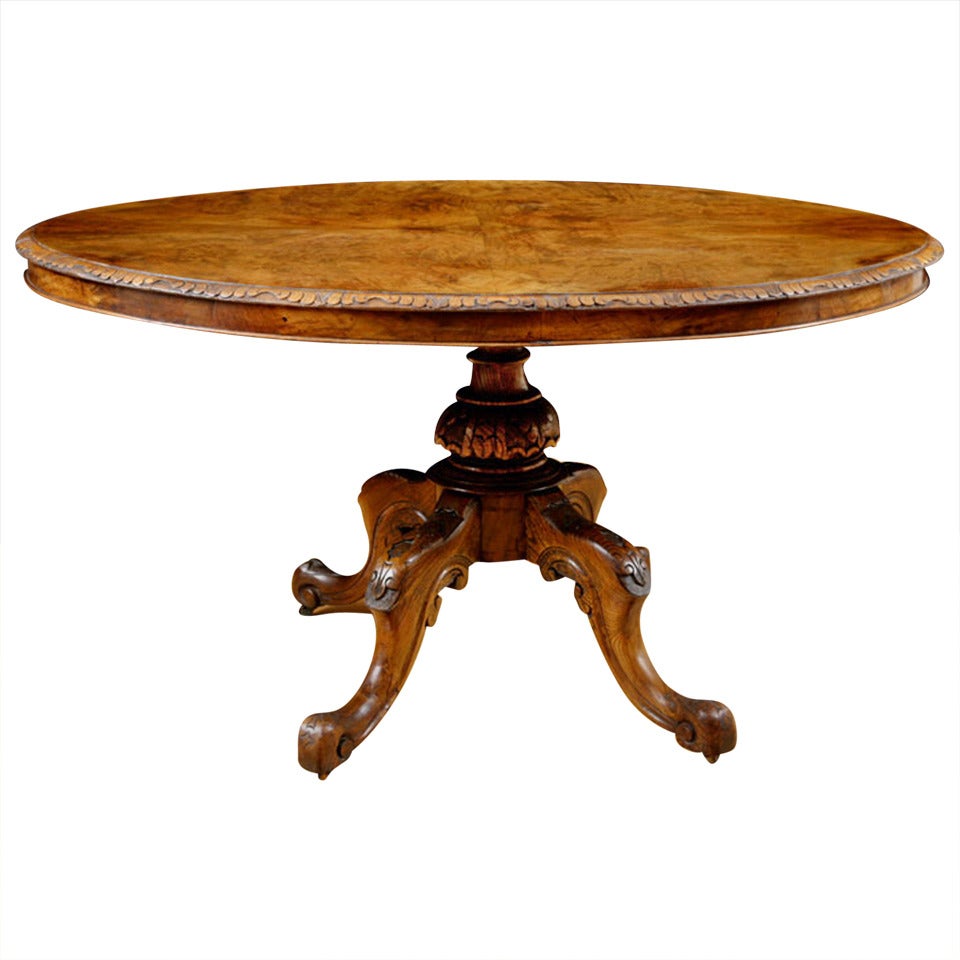 English Tilt-Top Center Pedestal Table in Walnut and Burl Walnut