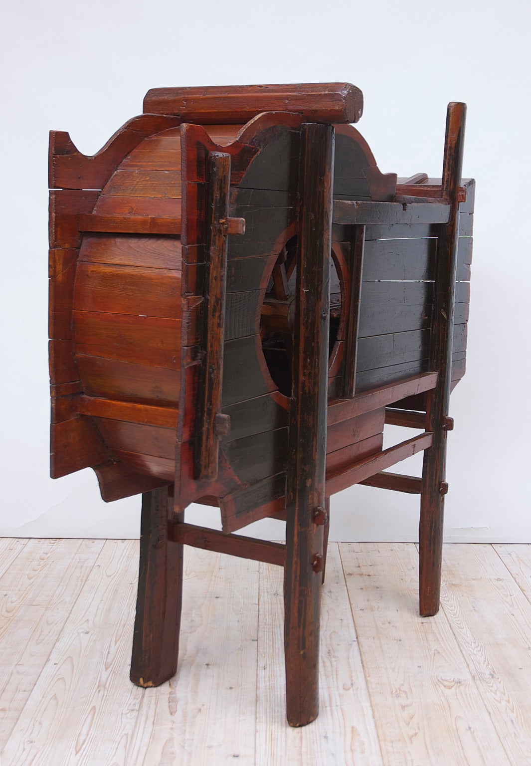 Elm 19th Century Wooden Chinese Rice Thresher with Painted Scenes For Sale