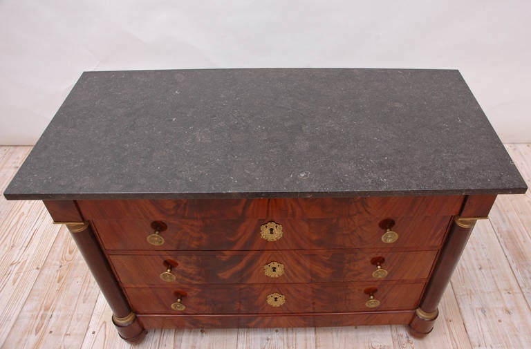 Polished French Empire Chest of Drawers in Mahogany with Ormolu and Grey Marble
