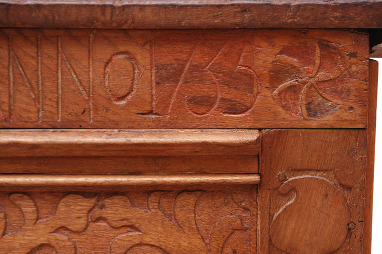 Mid-18th Century Early 18th Century Antique Carved Oak Marriage or Dowry Chest, Dated 1735 For Sale