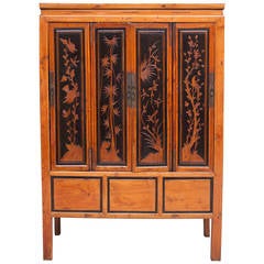 19th Century Chinese Elm Storage Cabinet with Ebonized Panels and Carved Scenes 10