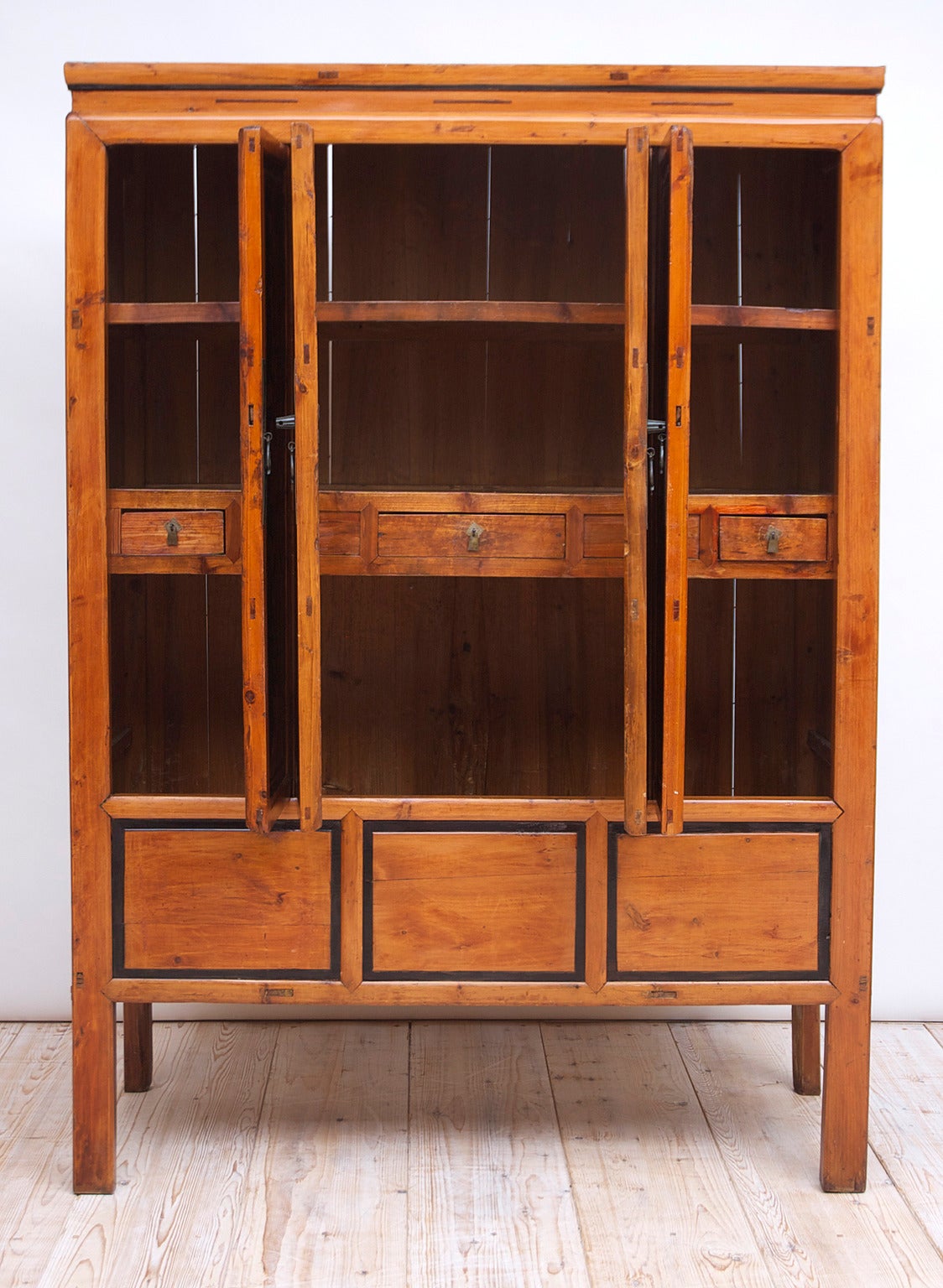 20th Century Antique Chinese Cabinet in Elm with Carved Scenes of Four Seasons & Ebonizing For Sale