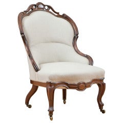 Antique English Victorian Upholstered Slipper Chair in Mahogany, circa 1860