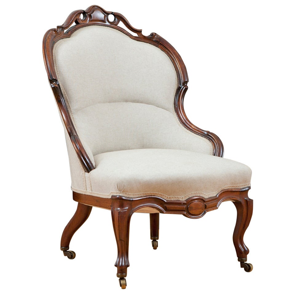 English Victorian Upholstered Slipper Chair in Mahogany, circa 1860
