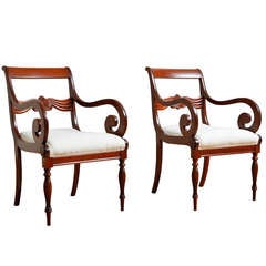 Pair of Danish Upholstered Biedermeier Arm Chairs in Cuban Mahogany,  c. 1835