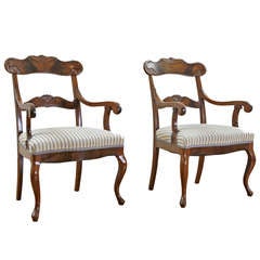 Pair of Danish Arm Chairs with Upholstered Seats in Mahogany, c.1850