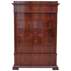 Biedermeier Tall Chest of Drawers in Book-Matched Mahogany, Copenhagen, c. 1820