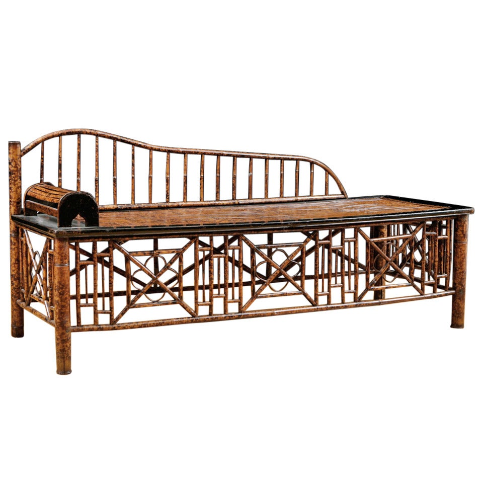 19th Century Chinese Bamboo Opium Bed with Faux Tortoise Finish