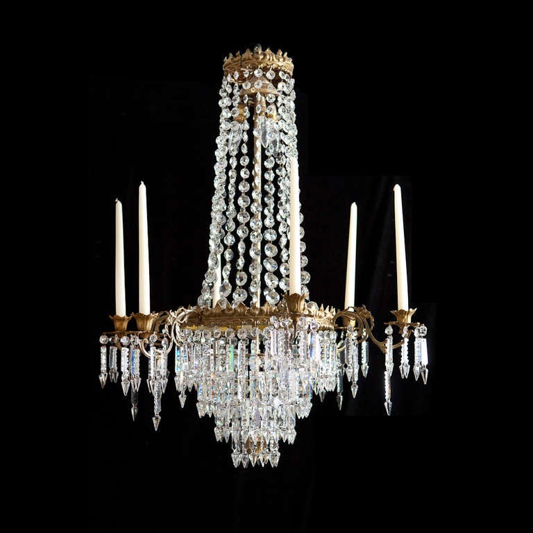 Swedish 6 light Chandelier with Crystal Prisms, c.1880
